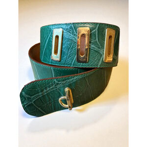 Vintage Belt Wide Green Crocodile Embossed Leather Gold Hardware Stamped 1902 46